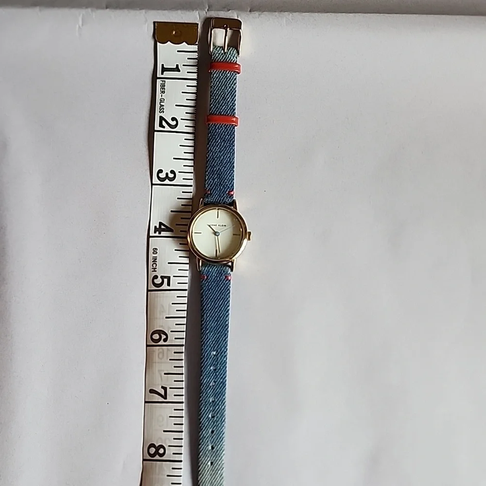 Anne Klein Gold Watch with Denim Blue And Red Strap Ladies Watch